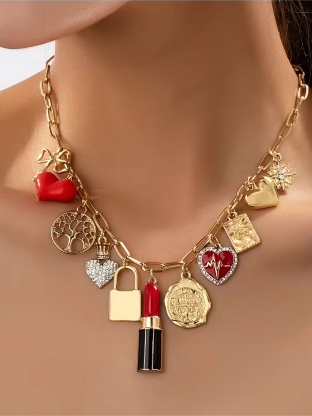Gold Charm Necklace with Red Lipstick & Heart Charms
